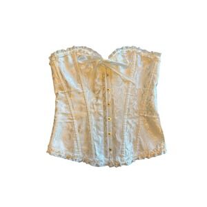 White Floral Jacquard Lace Up Corset Top Sweetheart Ruffle Trim Bustier Medium